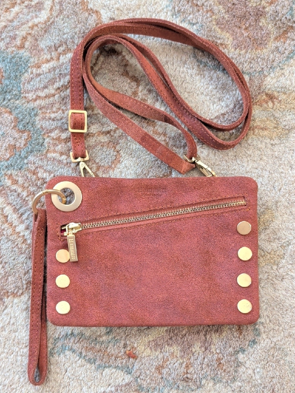 Hammit Nash Suede Small Crossbody Wristlet in Rust Red with Gold Accents
